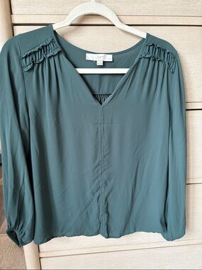 LOFT Teal Green V-Neck Long-Sleeve Blouse with Shoulder Ruffle